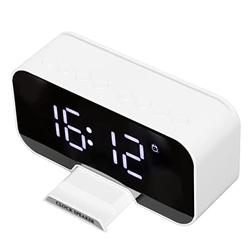 Radio-réveil avec Haut-parleurs Bluetooth pour Bureau de Chambre, Haut-Parleur de Réveil Numérique Portable avec Affichage à LED, Température du Calendrier, Luminosité Réglable(Blanche)