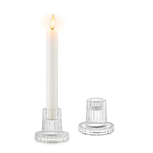Glasseam Bougeoir en Verre Lot De 2, Bougeoirs Transparents, Bougeoirs StriéS pour La DéCoration De Table, Bougeoirs De NoëL Modernes pour Le Salon, Le DîNer Et La Maison