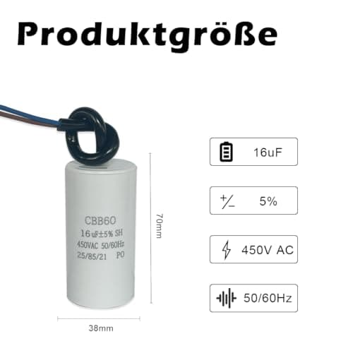 CBB60 450v 16uf 50/60HZ condensateur de démarrage, condensateur de moteur, condensateur de moteur, condensateur microfarad avec fil ANGEEK