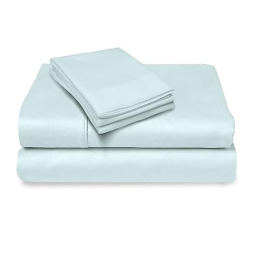 Pizuna Coton Peigné Parure de Lit 140x200 cm 2 Personnes Bleu bébé, 100% Coton Longue durée 400 Fils de Satin, 1 Drap Housse, 1 Drap Plat, 2 Taie d'oreiller, 1 Traversin (Draps de Coton 5 Pièces)