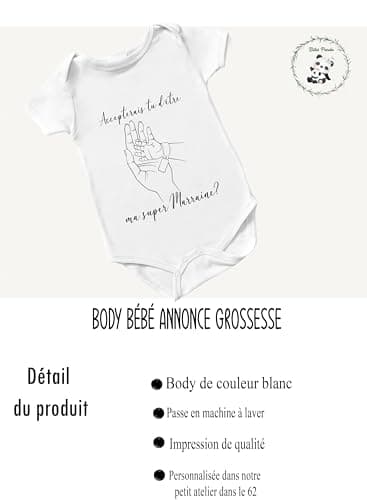 Body Bébé Blanc - Dessin Main de Marraine et Main de Bébé - Taille Unique Aléatoire (Manches Courtes ou Longues selon Stock) - Cadeau Annonce Grossesse pour Marraine