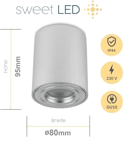 Sweet Led Lot de 4 spots encastrables pour salle de bain IP44 Aluminium GU10 95 mm pour pièces humides, salle de bain, environnements humides, 230 V en aluminium brossé rond