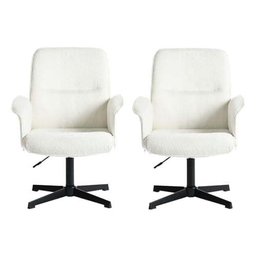 Meuble Cosy Fauteuil de Bureau Chaise de Coiffeuse Ergonomique Siège Pivotant Hauteur Réglable avec Accoudoir en Bouclette sans roulettes Jambes Croisées Capacité 120 kg Blanc