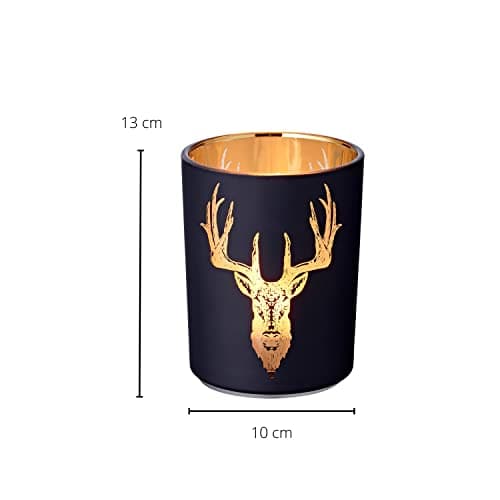 EDZARD Photophore Lio (hauteur 13 cm, diamètre 10 cm), extérieur noir/intérieur doré avec motif de cerf