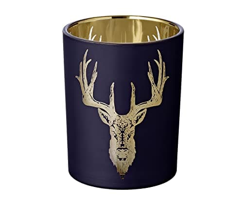 EDZARD Photophore Lio (hauteur 13 cm, diamètre 10 cm), extérieur noir/intérieur doré avec motif de cerf