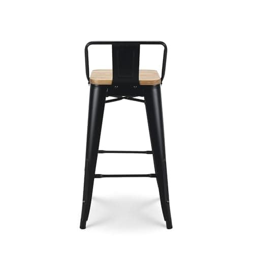 Kosmi - Lot de 4 tabourets de Bar en métal Noir Mat Style Industriel avec Dossier et Assise en Bois Clair - Hauteur 66cm