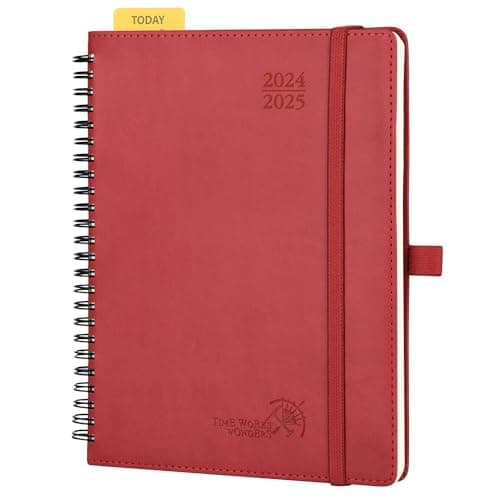 POPRUN Agenda 2025 Semainier 22 x 16,5 cm D'août 2024 à déc 2025, Planner Vertical Scolaire 17 Mois avec Couverture Souple Spirale, Règle et signet, Papier Certifié FSC®80 g/m2 - Bourgogne