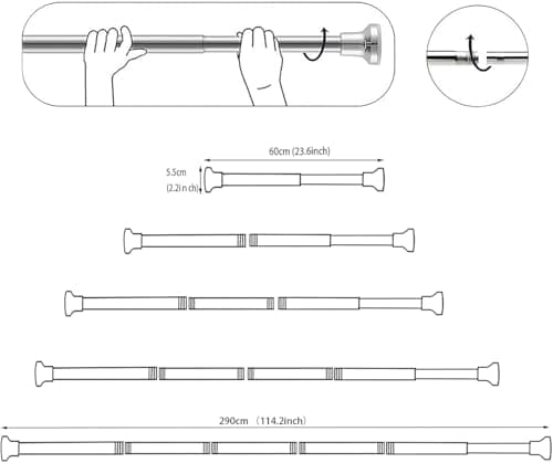 Tringle à rideau télescopique extensible en acier inoxydable - Sans perçage - Pour salle de bain, placard, jardin - 50 à 200 cm - Couleur argent
