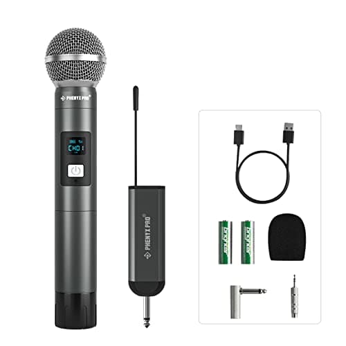 Phenyx Pro Système de Microphone sans Fil numérique Simple,avec 1 Microphone Dynamique à Main,Mini récepteur,5 fréquences UHF,Microphone sans Fil en métal pour Chanteur,karaoké, Mariage(PDP-1)