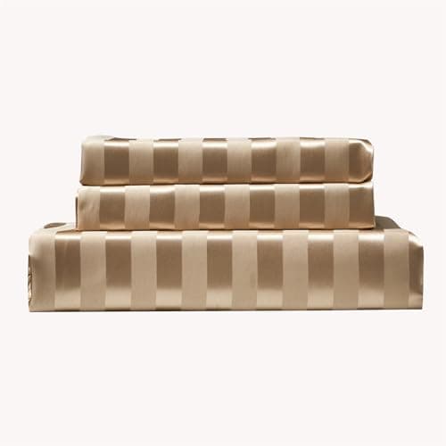 YASMENG Housse de Couette Satin 220x240 Beige Or Rayé Brillant Deluxe Satin Parure de Lit Satin Doux Soyeux Soie Linge de Lit 2 Personne Adulte avec Fermeture Éclair avec Taies d'oreiller 65x65 cm