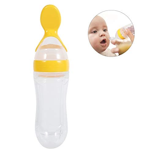Baby Feeder Bottle, 1Pc 90 ml Silicone Baby Biberon Sans BPA Infantile Nouveau-né Toddler Fresh Food Cereal Squeeze Style avec une cuillère et une couverture hygiénique (Jaune)