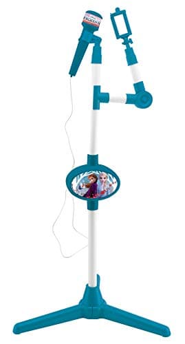 Lexibook- Disney Microphone La Reine des Neiges 2 Elsa Anna Olaf avec Enceinte et Pied Lumineux, Prise auxiliaire pour connecter la Musique, Bleu/Violet, S150FZ_50