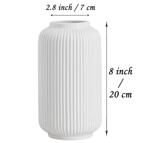 Hauteur 20 cm Vase Côtelé en Ceramique Blanc pour Pampa, Vases Decoratif pour Centre de Table Decoration