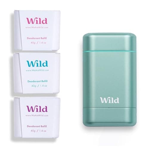Wild - Déodorant Naturel Rechargeable - Sans Aluminium - Etui Aqua avec Lot Varié de Recharge (3 x 40g) - Comprend Fresh Cotton & Sea Salt, Jasmine & Mandarin et Coconut & Vanilla - Végan