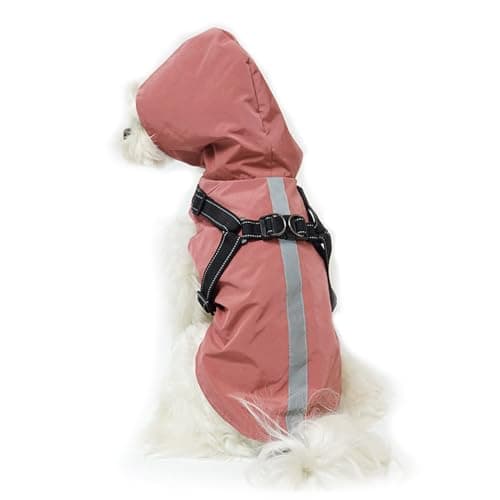 PETCUTE Imperméable pour Chien avec Harnais,Imperméable Chien avec Capuchon,100% étanche et Coupe-Vent Imperméable pour Chien avec des Bandes Réfléchissantes,Respirant Manteau pour Chiens Rose Rouge