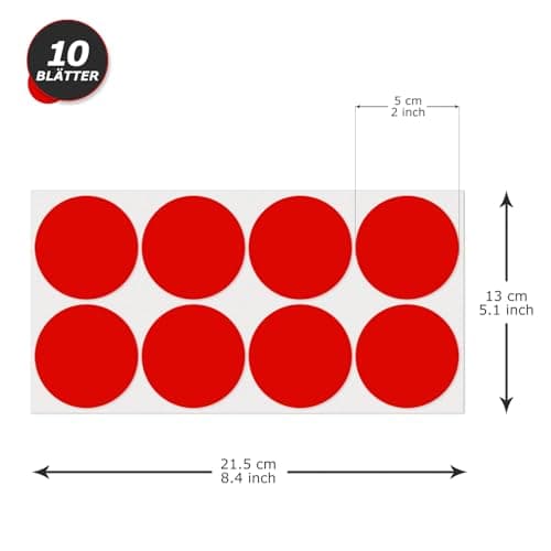 YIKIADA Lot de 80 pastilles autocollantes rondes rouges de 50 mm - Pastilles adhésives étanches - Petit code couleur, PUNKTE AUFKLEBER-03