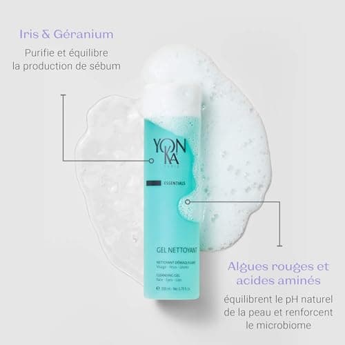 Gel Nettoyant Moussant Yonka 200ml - Visage, Yeux & Lèvres - Démaquille, Nettoie et Purifie - Tous Types de Peaux, Idéal pour les Peaux Mixtes à Grasses - Mousse Fine - 94% d'Ingrédients Naturels
