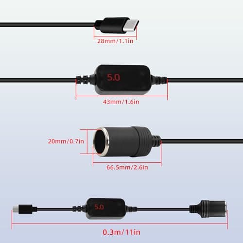 RIIEYOCA Câble Convertisseur USB C Mâle vers Prise Allume-Cigare, 5V à 20V Type C, Adaptateur Allume-Cigare Femelle avec Affichage Numérique pour Caméra de Tableau de Bord, GPS (0.3M/1FT)