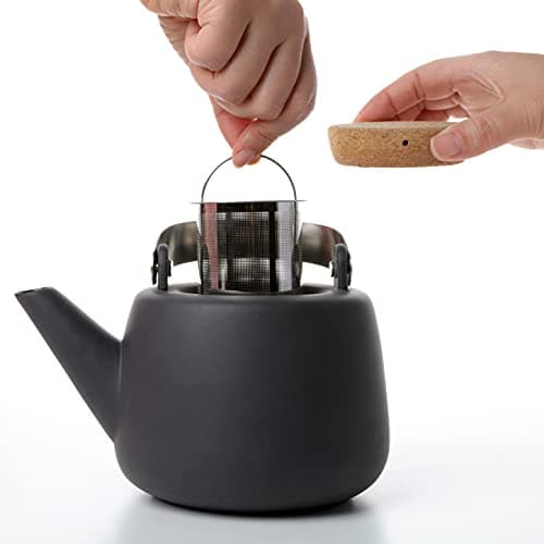 Théière en porcelaine avec poignée, infuseur en acier inoxydable, bec anti-gouttes, thé en vrac, thé à feuilles 1.2 L, noir mat