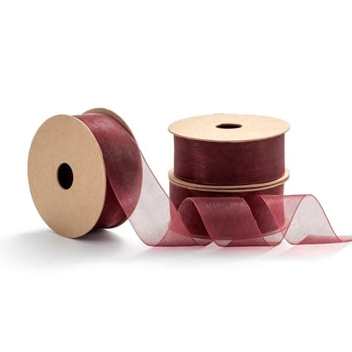 MORSUNBELA Ruban Cadeau Rouge - Ruban en Organza - 25 mm x 9 m - Large Ruban décoratif - Bordeaux
