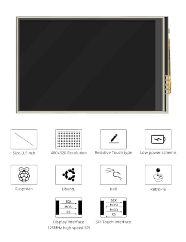 Écran Tactile 3.5 Pouces, 480 x 320 Pixels 60 FPS Mini Moniteur avec Stylet et Mini-Ventilateur pour Raspberry Pi 3/4/5