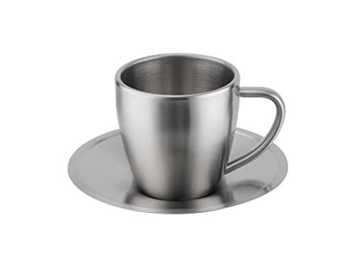 ISOBEL - SILVIA16 Set Tasse Inox + Soucoupe 16cl - Finition Mate, Double Paroi, Incassable, Lave-Vaisselle, Idéal Maison et Professionnel