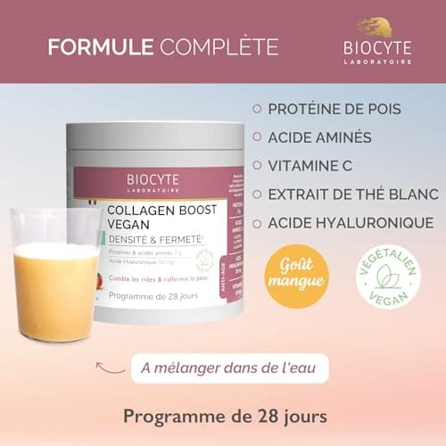 BIOCYTE Collagen Boost Vegan - Goût Mangue - Complément Alimentaire Densité et Fermeté de la Peau, Anti-Rides - Protéine de Pois, Acides aminés, Acide Hyaluronique, Vitamine C - 260g - 28 jours