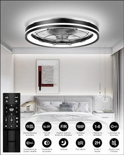 Airwit 48cm Ventilateur de Plafond Silencieux avec Lumiere et Telecommande, Moderne Rond Ventilateurs de Plafond avec Lampe Intégrée, Dimmable Ventilateur Plafond Chambre avec Reversible DC Moteur