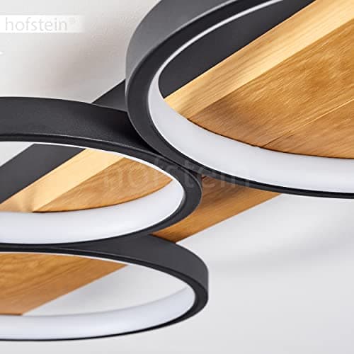 Plafonnier LED Rodekro, plafonnier à intensité variable en métal/bois en noir/nature/blanc, luminaire à intensité variable avec poutre en bois, LED 44 watts, 3000 K, 5100 lumens