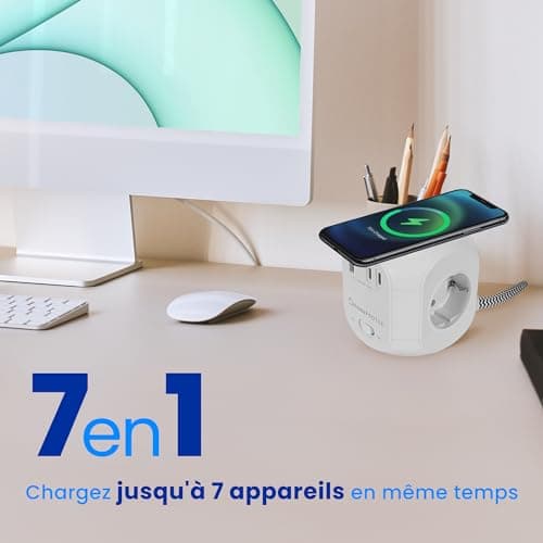 HOMEPROTEK Multiprise Cube - Chargeur Sans fil, Rallonge Multiprise USB avec 3 Prises, 1 USB-A, 2 Type C et Bloc de Charge, Station de Charge Multiple avec Interrupteur pour Domicile et Bureau (Blanc)