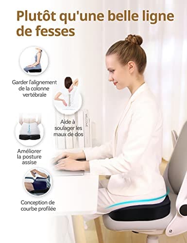 Travel Ease Coussin de Siège Ergonomique, Coussin de Chaise en Mousse à Mémoire avec Base Antidérapante pour Confort Longue Durée, Coussin de Hanche pour Chaise de Bureau, Siège de Voiture (Noir)