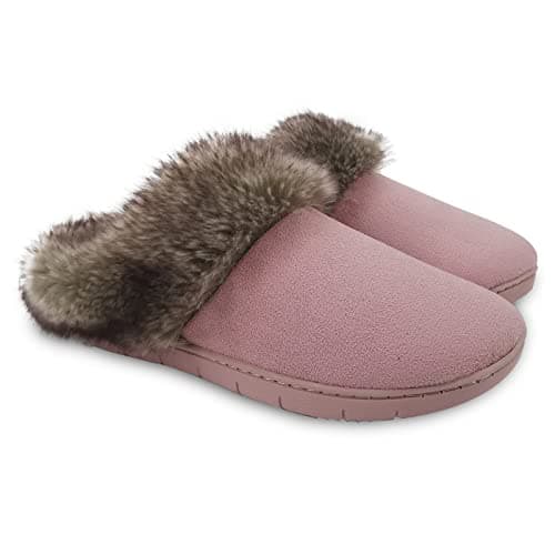 ofoot Pantoufles Femmes Hiver Chaud Mocassin Daim Fourrure, Chaussures de Maison Doublure Tricot Doux, Semelle en Caoutchouc Antidérapante