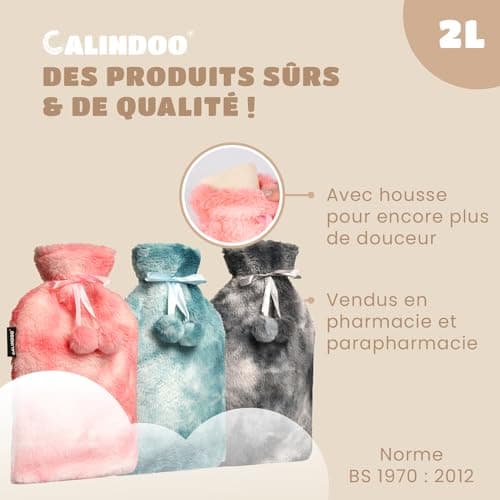 CALINDOO - Bouillotte Eau Chaude En Caoutchouc Naturel Avec Sa Housse Premium Toute Douce - Conçue Conçue Dans Un Moule Unique CALINDOO CALINDOO - Bouchon Hermétique - Housse Sherpa Tie Gris - 2L