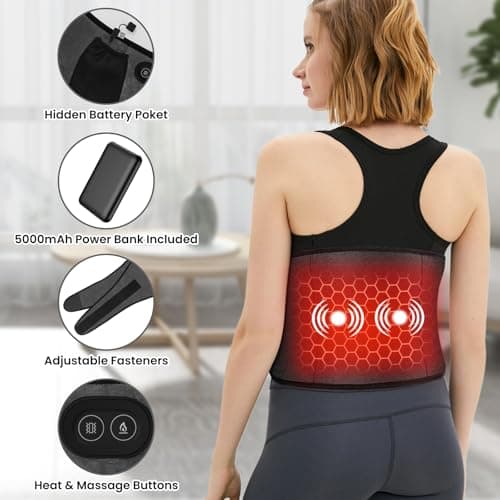 Arlierss Graphène Ceinture Chauffante Lombaire avec Batterie 5000mAh, Coussin Chauffant avec 3 Niveaux de Température et 3 Modes de Massage, Ceinture Lombaire Électrique Avec Arrêt Automatique