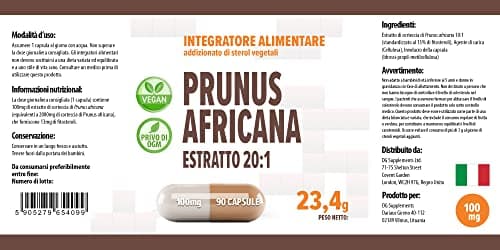 Pygeum Africanum 20000mg Equivalent (100mg d'extrait 20:1) 90 Capsules végétaliennes, Haute résistance, standardisé à 13% de phytostérols, High Strength, Sans Gluten, Sans OGM