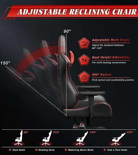bigzzia Chaise Gaming Chaise Bureau, 155 Degrés PU Cuir Fauteuil de Bureau Ergonomique (sans Repose-Pieds, Rouge)