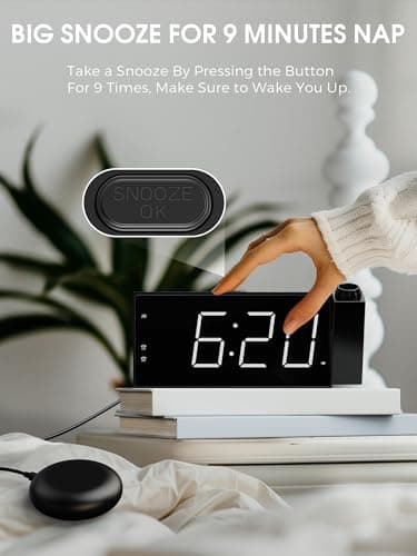 Reveil Projecteur Plafond avec Double Alarme, Horloge Numérique Bruyant pour Sourd, Alarme Bruyante&Shaker Puissant, 180° Horloge Projecteur avec Charge USB, Variateur d'Intensité, 12/24 H, Snooze