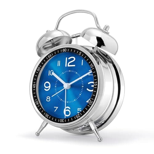 Lafocuse Reveil Double Cloche Analogique sans Tic-tac, Réveil Métal Bleu avec Grand Cadran, Horloge de Table Silencieuse avec Lumière de Nuit pour Chambre Bureau 16cm