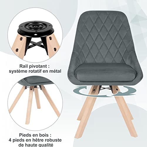 WOLTU Chaise Pivotante de Salle à Manger, Chaise de Cuisine Scandinave, Chaise de Salon, Chaise avec Siège Rembourré, Pieds en Bois Massif, Chaise en Velours, Gris Foncé, BH359dgr-1
