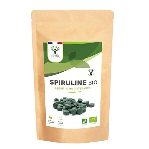 Spiruline Bio - Bioptimal - Complément alimentaire - BCAA Fer Vitamine A - 65% de Protéine - 17% de Phycocyanine - 500 mg/comprimé - Conditionnée en France - Certification Ecocert - 600 comprimés