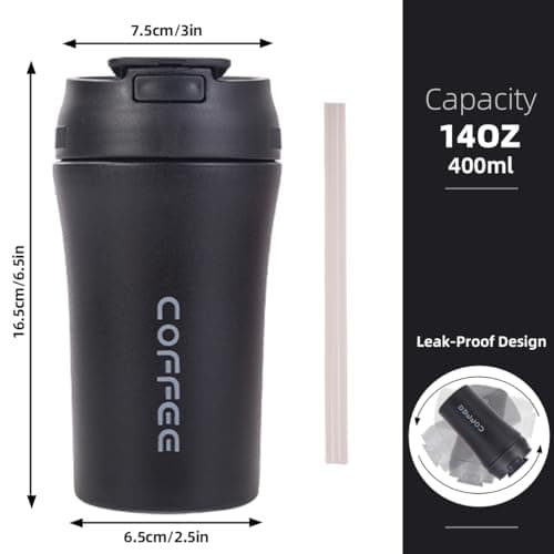 ZMHQLPDZ Tasse à café isotherme en acier inoxydable de 414 ml, étanche, avec couvercle à vis, gobelet à café à double paroi réutilisable pour boissons chaudes/glacées, 400 ml (noir)