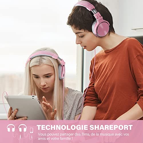 OneOdio Casque Audio Filaire DJ Piano Guitare avec Micro, Hi-Res Audio Extra Basse Son, Léger Confort Pliable Casque avec Share-Port, 2 Prise Jack, Headphone PC Studio Monitor AMP Pro-10(Rose Gris)