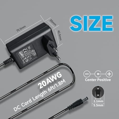 Adaptateur Secteur 12 V 2 A/2000 mA, AC 100-240 V 50/60 Hz vers DC 12 V 2 A 24 W, Chargeur Mural, Centre Positif, câble 1,8 m 20 AWG pour Une Utilisation Stable et Flexible, 3 Accessoires Inclus.
