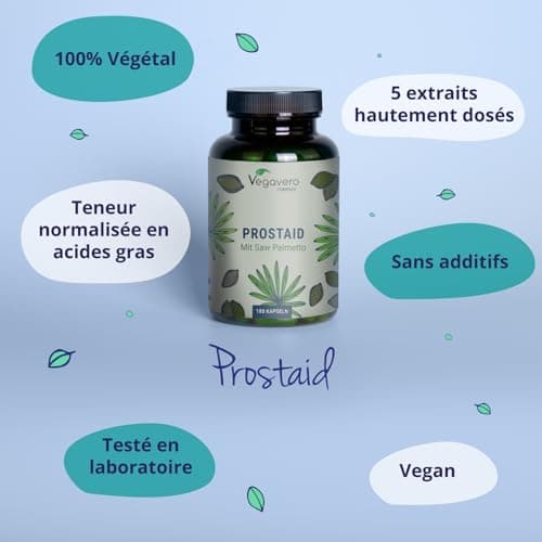 Complexe Prostate & Confort Urinaire Homme | 180 Gelules | 100% Naturel | Saw Palmetto + Ortie + Epilobe + Citrouille | Avec 45% Acides Gras | VEGAN | 3 Mois