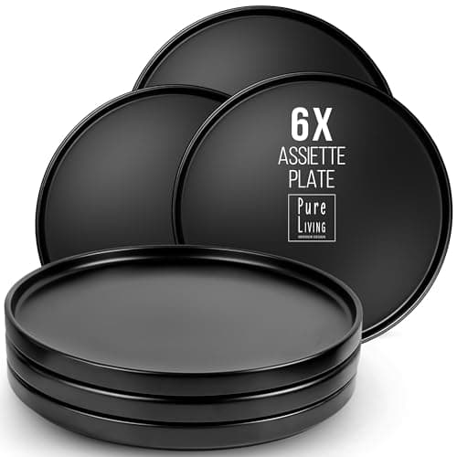 Ensemble de 6 Assiettes Plates Noires Mattes Manhattan -Teller en Grès Premium, Adaptés au Lave-vaisselle et au Micro-ondes- Élégantes Assiettes Noires pour 6 Personnes - Pure Living Urban Black