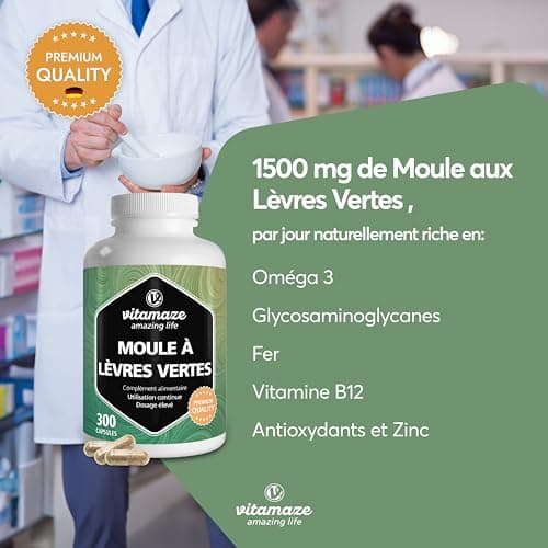 Moule Verte de Nouvelle Zélande 1500 mg - Omega 3 et Glycosaminoglycanes - 300 Gélules Poudre de Moules à Lèvres Vertes - Complément Alimentair pour Cartilage et Articulations