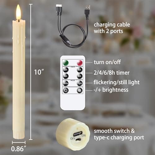 Zevanor Bougies LED rechargeables sans flamme avec minuterie à distance, lot de 2 bougies vacillantes en plastique ivoire de 2,2 cm x 25 cm fonctionnant sur piles (câble de chargement USB inclus)