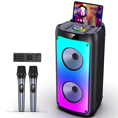 JYX Machine de Karaoké avec 2 Microphones, Karaoke Adulte Bluetooth Portable Éclairage RGB, Équipement de Karaoké pour Les Fêtes d'amis, Les Événements Familiaux, Supporte TF/USB, AUX, FM, REC, TWS