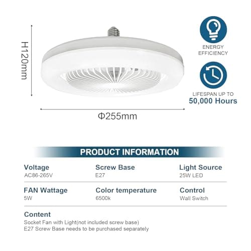 oxylops Ventilateurs Plafond avec Lumière, 10"" Lampe E27 Ventilateurs De Plafond Fermés Silencieux 30W, Ventilateur Mural Portable Enfichable avec Lumière Blanche pour Chambre Salon, FYD-0770