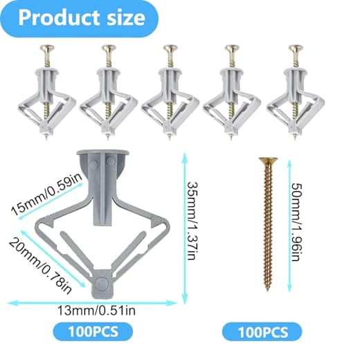 TREABEAR 200Pcs Cheville Placo Charge Lourde Forme de Papillon, Chevilles Placo, Vis Placo, Cheville Parpaing Creux, Cheville Expansion, Chevilles Papillon en Plastique pour Cloisons Sèches